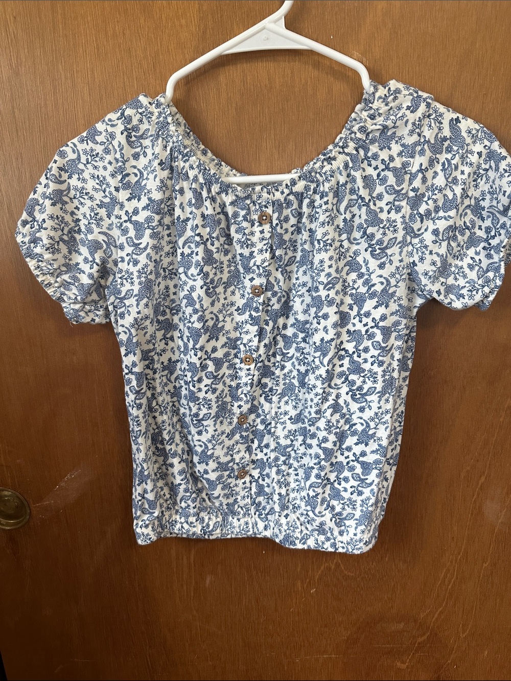 Old Navy White Blouse with Blue Floral Print and Button Front